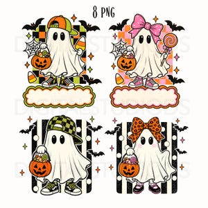 Può includere: Quattro illustrazioni digitali di fantasmi vestiti per Halloween, ognuno con un secchiello per caramelle a forma di zucca. I fantasmi indossano accessori come cappellini, fiocchi e scarpe da ginnastica su sfondi a scacchi o righe.