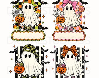 May include: Four digital illustrations of ghosts dressed for Halloween, each holding a jack-o'-lantern candy bucket. The ghosts wear accessories like baseball caps, bows, and sneakers, set against checkered or striped backgrounds with bats and stars.