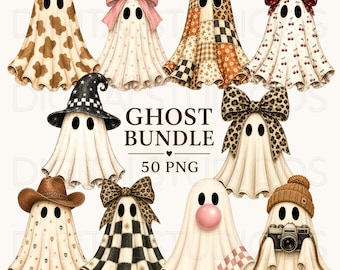 May include: A digital collection of ten ghost illustrations featuring various patterns and accessories, including bows, hats, a camera, and bubblegum. The central text reads GHOST BUNDLE 50 PNG. Each ghost has two black oval eyes and a draped sheet appearance.