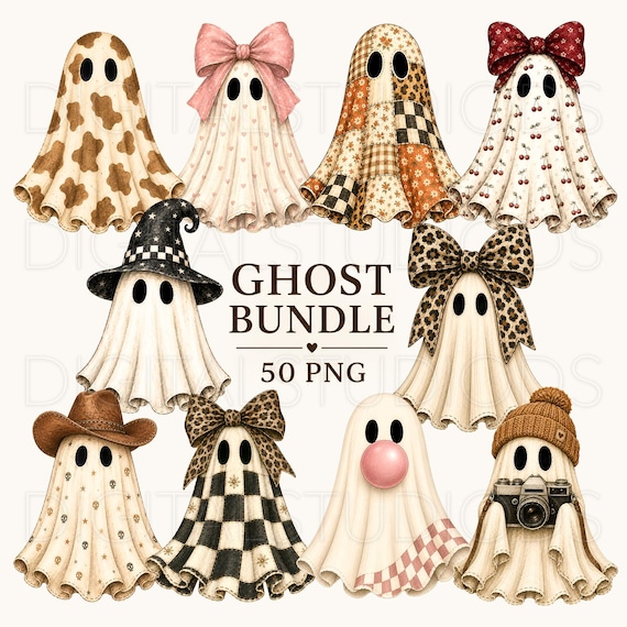 Preppy Ghost PNG Bundle, Halloween Ghost Clipart, Cute Ghost PNG, Coquette Ghost, Western Ghost, Vintage Ghost, Bookish Ghost PNG