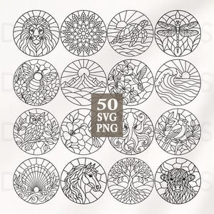 Puede incluir: Una colección de dieciséis diseños circulares de arte lineal en blanco y negro que presentan un león, mandala, tortuga marina, libélula, abeja, montañas, colibrí, olas del mar, búho, flor, pulpo, pájaro, concha, caballo, árbol y vaca highland con el texto 50 SVG PNG.