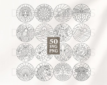 May include: A collection of sixteen circular black and white line art designs featuring a lion, mandala, sea turtle, dragonfly, bee, mountains, hummingbird, ocean waves, owl, flower, octopus, bird, seashell, horse, tree, and highland cow with text 50 SVG PNG.