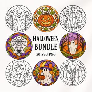 May include: A digital Halloween bundle featuring 50 SVG and PNG files with circular designs. The collection includes black and white line art and stained glass style illustrations of ghosts, a pumpkin, a coffin, a spider web, and a bat.