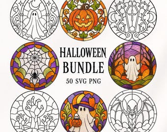 May include: A digital Halloween bundle featuring 50 SVG and PNG files with circular designs. The collection includes black and white line art and stained glass style illustrations of ghosts, a pumpkin, a coffin, a spider web, and a bat.