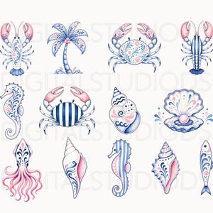 May include: Watercolor illustrations of various sea creatures and elements, including a lobster, crab, seahorse, seashell, and palm tree. The designs feature blue, pink, and white colors with intricate patterns. The collection has a nautical theme.