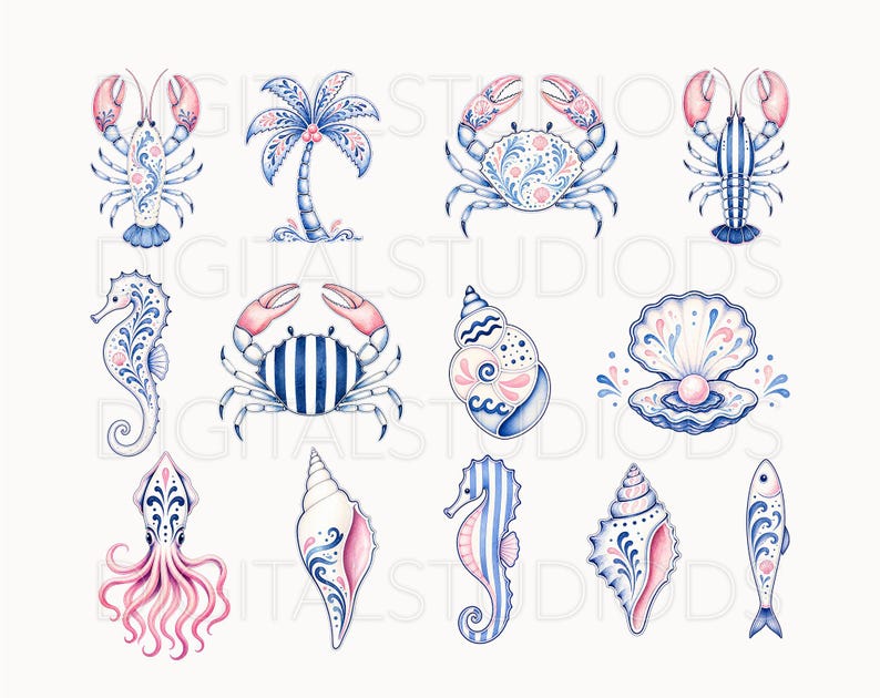 May include: Watercolor illustrations of various sea creatures and elements, including a lobster, crab, seahorse, seashell, and palm tree. The designs feature blue, pink, and white colors with intricate patterns. The collection has a nautical theme.