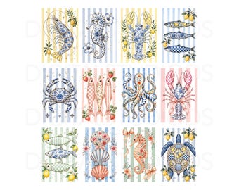 Coastal Summer PNG Bundle, Preppy Ocean Clipart, Sea Life PNG, Seahorse Sea Turtle Lobster Octopus Crab Sardines Designs, beach Life png