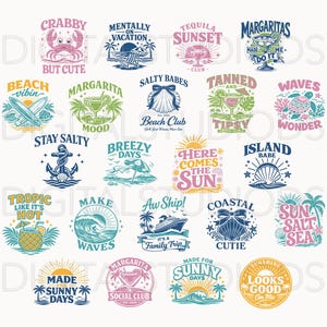 May include: A collection of colorful beach-themed graphic designs with text. Designs include phrases like "Crabby but Cute", "Margarita Mood", and "Here Comes the Sun", along with illustrations of a crab, cocktails, and waves.