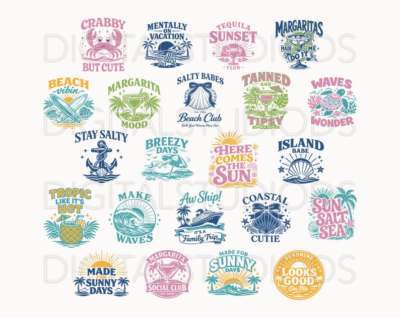 May include: A collection of colorful beach-themed graphic designs with text. Designs include phrases like "Crabby but Cute", "Margarita Mood", and "Here Comes the Sun", along with illustrations of a crab, cocktails, and waves.