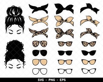 Messy Bun Accessories svg, Messy Bun Headbands Bandana Sunglasses Glasses, Messy Bun Bundle svg, Messy Hair svg png, Mom Life svg eps