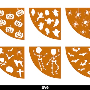 May include: Six orange and white Halloween themed SVG files. The designs include pumpkins, ghosts, bats, spiders, skeletons, and a cross.