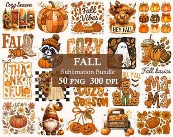 May include: A selection of autumn-themed digital designs featuring pumpkins, leaves, and seasonal motifs. Includes images of a raccoon, a ghost, and a cow, with text such as "Fall Vibes", "Cozy Season", and "Happy Fall".