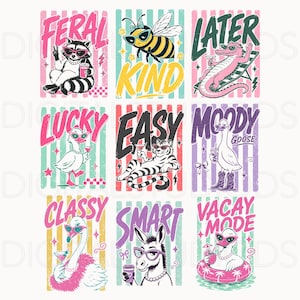 Puede incluir: Nueve diseños gráficos coloridos con varios animales, cada uno con gafas de sol y una bebida, y una palabra como "Feral" o "Classy". Los diseños están sobre fondos a rayas con una estética vintage y desgastada.