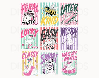 May include: Nine colourful graphic designs featuring animals wearing sunglasses and holding drinks, each with a word such as "Feral" or "Classy". The designs are set against striped backgrounds with a vintage, distressed look.