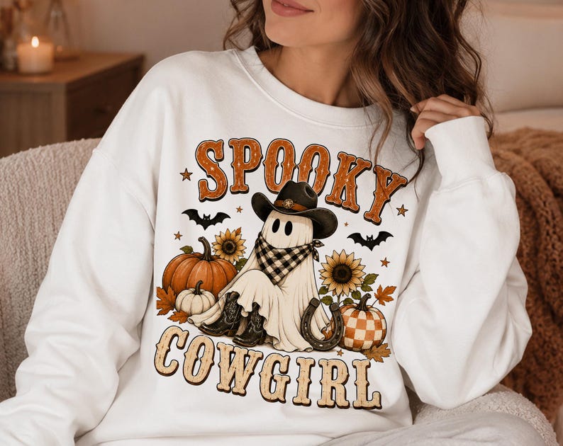 Op de afbeelding: Een wit sweatshirt met ronde hals en een grafische print van een geest met een zwarte cowboyhoed en een zwart-wit geblokte bandana. Het ontwerp bevat pompoenen, zonnebloemen, vleermuizen en een hoefijzer met de tekst SPOOKY COWGIRL.