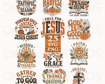 May include: A collection of twelve digital graphic designs featuring autumn-themed illustrations of pumpkins, flowers, leaves, and crosses. Each design includes religious text such as God is Faithful, Jesus is My Harvest, and Give Thanks with a Grateful Heart.
