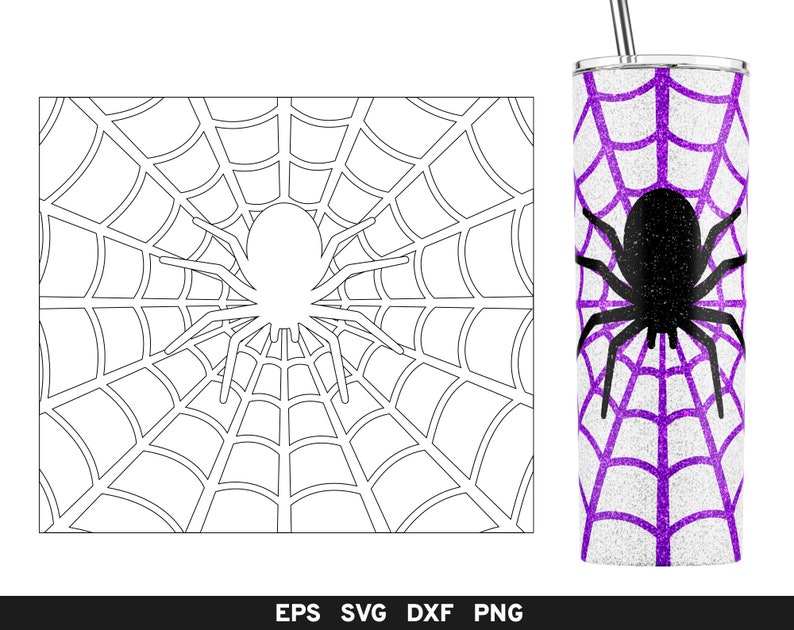 May include: A black spider silhouette on a purple glitter spiderweb design on a white tumbler with a black lid and a straw.