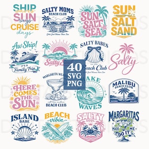 Puede incluir: Una colección de 16 diseños coloridos con temática de playa con texto e ilustraciones. Los diseños incluyen frases como "Sun, Salt, Sea", "Salty Moms Beach Club" y "Margaritas Made Me Do It". Los gráficos incluyen palmeras, olas y conchas marinas.