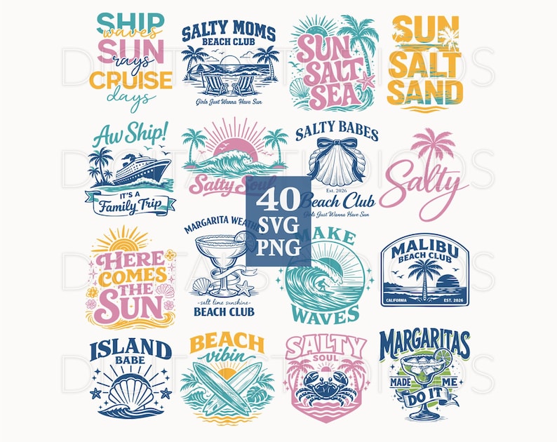 May include: A collection of 16 colorful beach-themed designs with text and illustrations. Designs include phrases like "Sun, Salt, Sea", "Salty Moms Beach Club", and "Margaritas Made Me Do It". Graphics include palm trees, waves, and seashells.