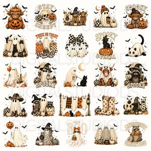 Op de afbeelding: Een verzameling van vijfentwintig digitale illustraties met een Halloween-thema, voorzien van spoken, hooglandrunderen, pompoenen, zwarte katten, wasberen en schedels. De ontwerpen bevatten tekstelementen zoals Stay Creepy, Spooky, Trick or Treat Yourself en Midnight Snack Club in een kleurenpalet van oranje, zwart en cr&egrave;me.