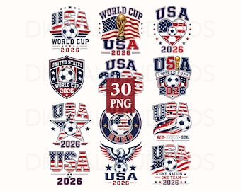 May include: A collection of twelve graphic designs featuring the text USA World Cup 2026, incorporating footballs, American flag patterns, stars, stripes, and eagles in red, white, and blue colours. The central graphic displays the text 30 PNG.