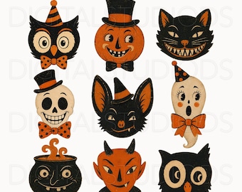 May include: A collection of 50 vintage Halloween PNGs featuring illustrations of an owl, a pumpkin, a black cat, a skull, a bat, a ghost, a cauldron, and a devil. Each character is rendered in a classic orange and black color palette.