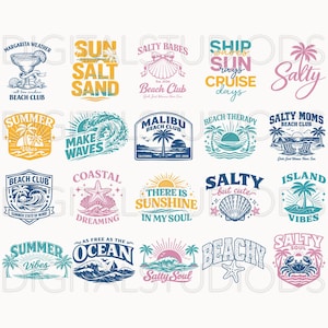May include: A collection of colorful beach-themed graphic designs with text like "Margarita Weather", "Sun Salt Sand", and "Make Waves". Designs include palm trees, waves, and seashells, perfect for summer.