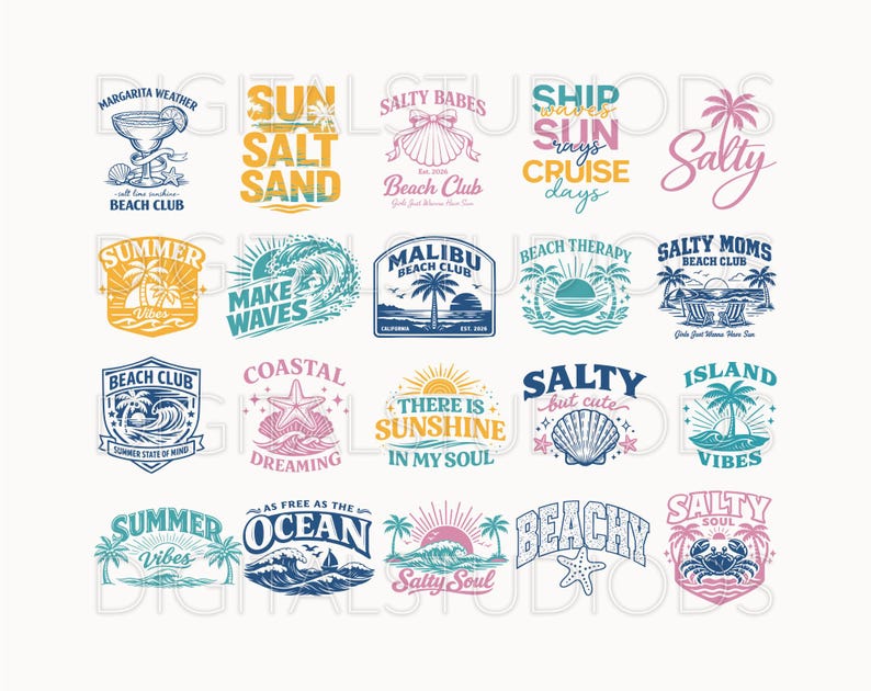 May include: A collection of colorful beach-themed graphic designs with text like "Margarita Weather", "Sun Salt Sand", and "Make Waves". Designs include palm trees, waves, and seashells, perfect for summer.