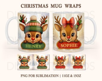 クリスマスのトナカイ柄マグカップラップPNG、パーソナライズされたクリスマスマグデザイン、11オンス/15オンス用クリスマス昇華プリント、カスタムネームマグデザイン