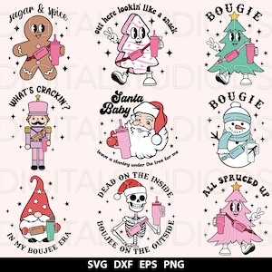 May include: A set of 10 digital Christmas-themed SVG cut files featuring various characters and sayings. The characters include a gingerbread person, a Christmas tree, Santa Claus, a snowman, a gnome, and a skeleton. The sayings include "sugar & spice", "out here lookin' like a snack", "what's crackin'?", "Santa Baby", "leave a stanley under the tree for me", "dead on the inside", "boujee on the outside", "all spruced up", "in my boujee era", and "bougie".
