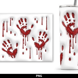 May include: White tumbler with a design of red bloody handprints. The handprints are dripping with blood.