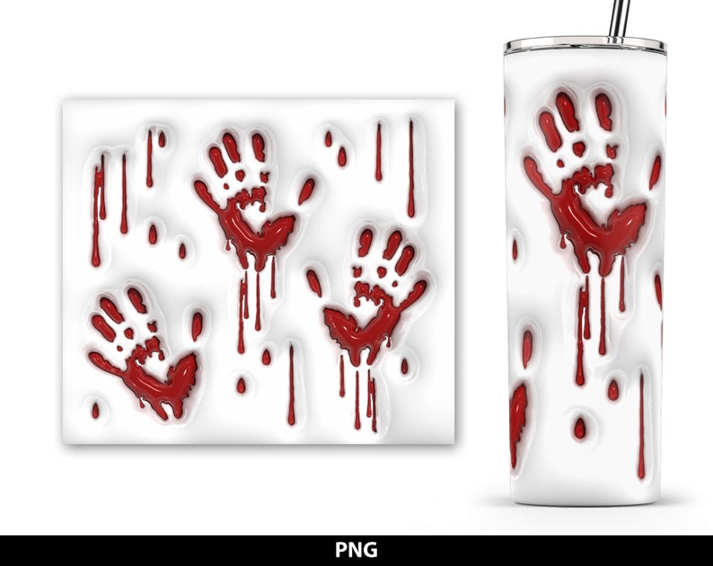 May include: White tumbler with a design of red bloody handprints. The handprints are dripping with blood.