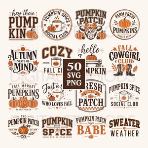 Könnte beinhalten: Eine Sammlung von sechzehn digitalen Grafikdesigns mit Herbstmotiven, Kürbissen, Kaffeetassen und Texten wie Pumpkin Spice Social Club, Fall Cowgirl Club und Sweater Weather, mit einem zentralen Feld mit der Aufschrift 50 SVG PNG.