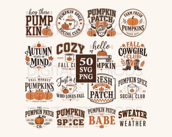 May include: A collection of sixteen digital graphic designs featuring autumn themes, pumpkins, coffee mugs, and text such as Pumpkin Spice Social Club, Fall Cowgirl Club, and Sweater Weather, with a central box displaying 50 SVG PNG text.