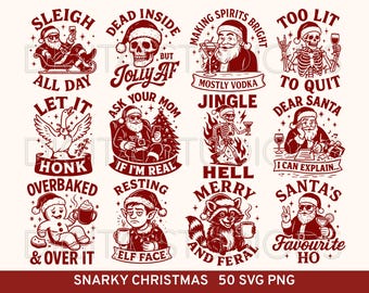 Sarkastisk jul SVG-paket, rolig julhumor SVG, sarkastisk jultomte SVG, julskelettskalle png, retro julclipart