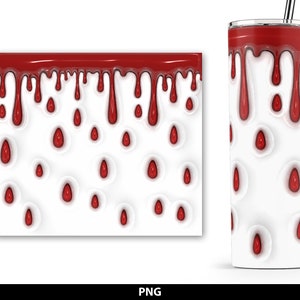 May include: White tumbler with a red dripping blood design. The design features a repeating pattern of blood drops dripping down the side of the tumbler.