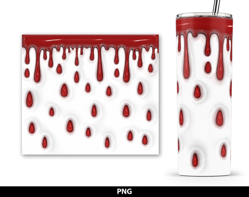 May include: White tumbler with a red dripping blood design. The design features a repeating pattern of blood drops dripping down the side of the tumbler.
