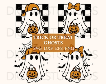 May include: Four white ghost illustrations with black outlines, each holding an orange jack-o'-lantern bucket. Two ghosts wear orange baseball caps, two wear orange bows. Backgrounds include black and white checkerboards, spiderwebs, and bats. Text reads TRICK OR TREAT GHOSTS SVG DXF EPS PNG.