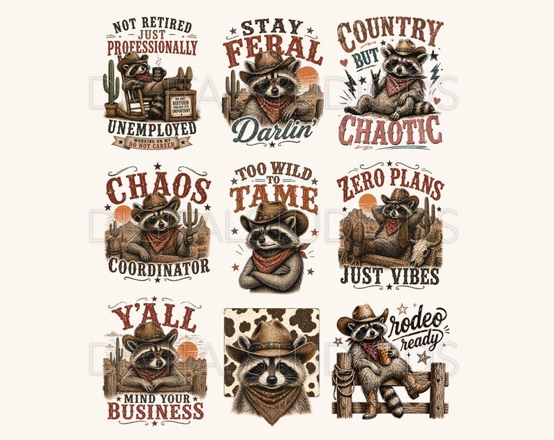Western Raccoon PNG Bundle, Funny Cowboy Raccoon PNG, Country Western ...