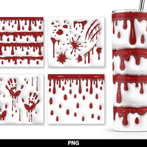 May include: Four different designs of red blood splatter patterns on a white background. The designs include dripping blood, handprints, and splatters. The designs are shown on a white background and are suitable for use on a tumbler or other items.