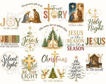 Puede incluir: Una colección de quince diseños digitales con temática navideña que presentan imágenes religiosas, incluyendo escenas de natividad, cruces, iglesias y pinos. Los gráficos incorporan textos como Joy to the World, Jesus is the Reason y Silent Night en diversas fuentes y colores.
