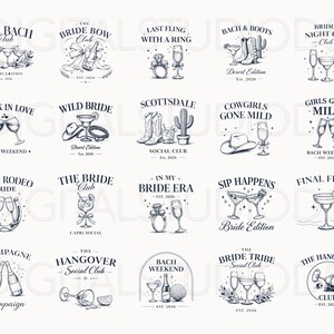 May include: Collection of black and white line art logos for bachelorette parties. Designs include champagne glasses, rings, cowboy boots, and cocktails. Text includes phrases like "The Bach Club" and "Bride's Night Out."