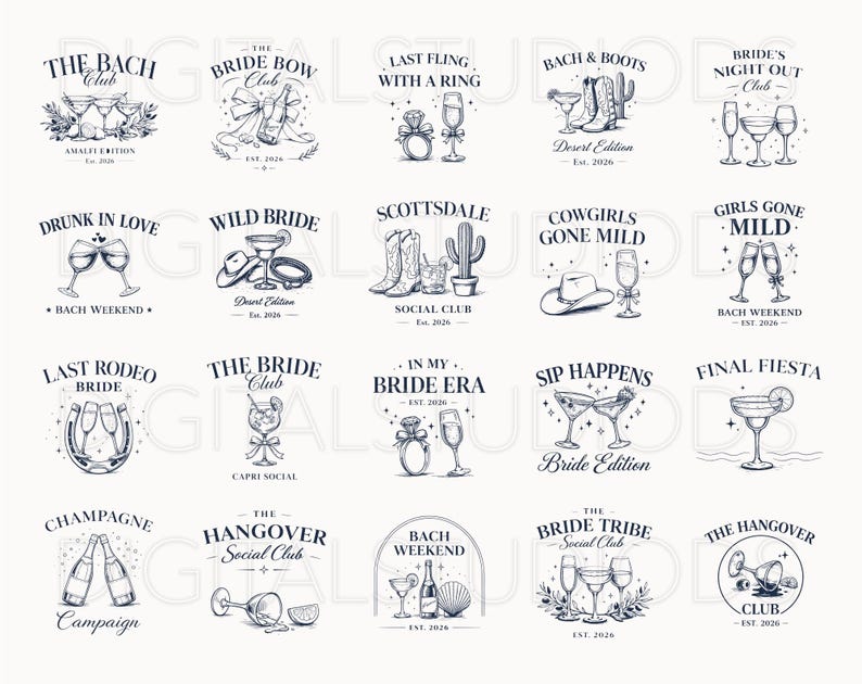 May include: Collection of black and white line art logos for bachelorette parties. Designs include champagne glasses, rings, cowboy boots, and cocktails. Text includes phrases like "The Bach Club" and "Bride's Night Out."
