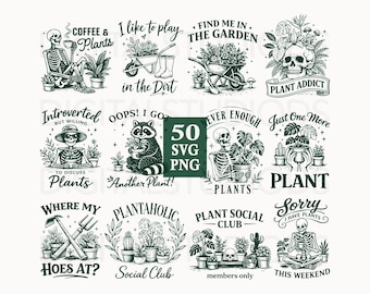 Paquete de archivos SVG para amantes de las plantas, divertidos archivos SVG y PNG de plantas esqueleto, imágenes prediseñadas de plantas de interior, frases de jardinería, archivos Cricut, sublimación para mamás de plantas