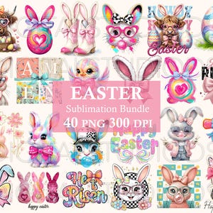 May include: A digital download of 40 Easter-themed sublimation designs. The designs feature bunnies, chicks, eggs, flowers, and religious symbols. The designs are perfect for creating personalized Easter gifts, apparel, and home decor.