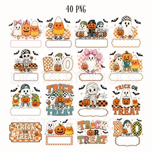 May include: A collection of 40 PNG digital files featuring Halloween-themed illustrations of ghosts, pumpkins, candy corn, skeletons, and mummies. The designs include text like 'TRICK OR TREAT' and 'BOO' with checkered patterns, bats, and blank labels.