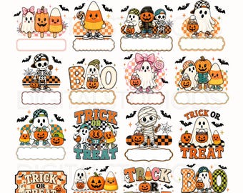 May include: A collection of 40 PNG digital files featuring Halloween-themed illustrations of ghosts, pumpkins, candy corn, skeletons, and mummies. The designs include text like 'TRICK OR TREAT' and 'BOO' with checkered patterns, bats, and blank labels.