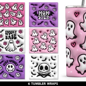 May include: Six different designs for tumbler wraps featuring a pink and purple colour scheme with ghost, bat, and heart graphics. The designs include the text "Spooky Babe", "Momster", and "Stay Spooky".