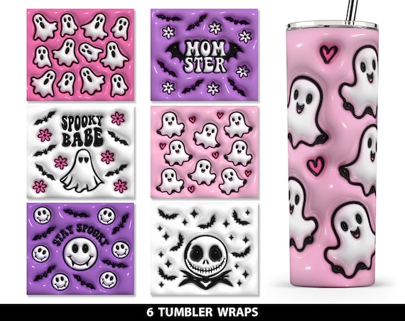 3D Inflated Puff Cute Halloween Tumbler Wrap, Cute Halloween Tumbler Bundle, Halloween Tumbler Wrap Sublimation, 3D Pink Spooky Tumbler png
