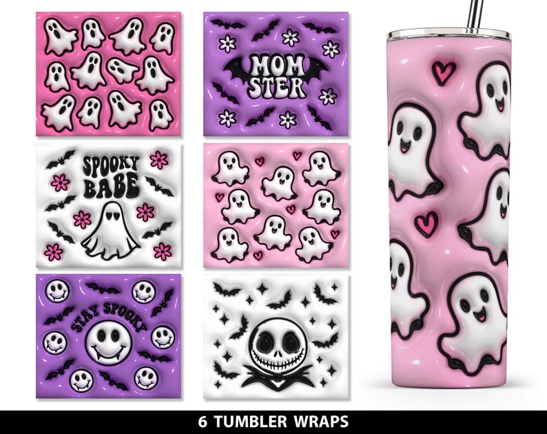 May include: Six different designs for tumbler wraps featuring a pink and purple colour scheme with ghost, bat, and heart graphics. The designs include the text "Spooky Babe", "Momster", and "Stay Spooky".